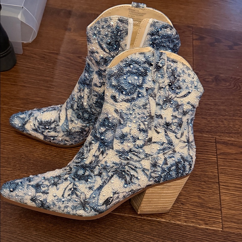 Betsey Johnson Blue Floral Crystal Western Ankle Boots